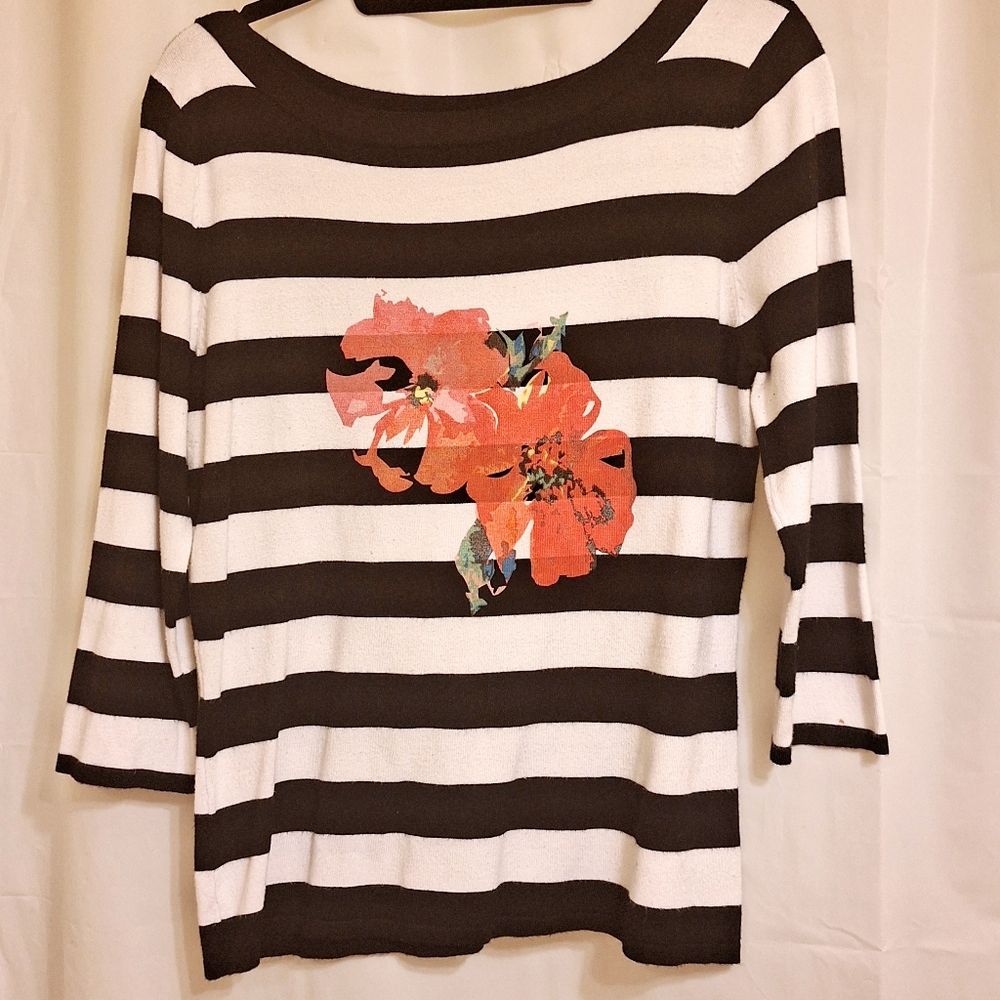 ❤️Venini Sweater SZ XL Black White Pink Pull-Over Striped Top Floral 3/4 Sleeved - Picture 8 of 12